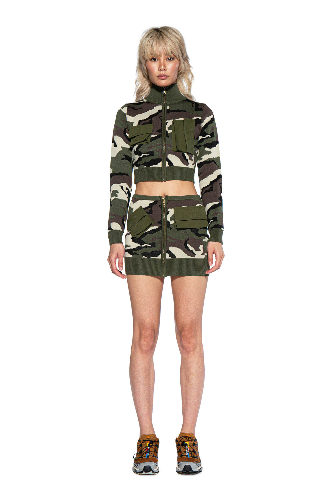 CAMO PATTERN JACQUARD SWEATER CARGO ZIP UP AND MINI SKIRT SET