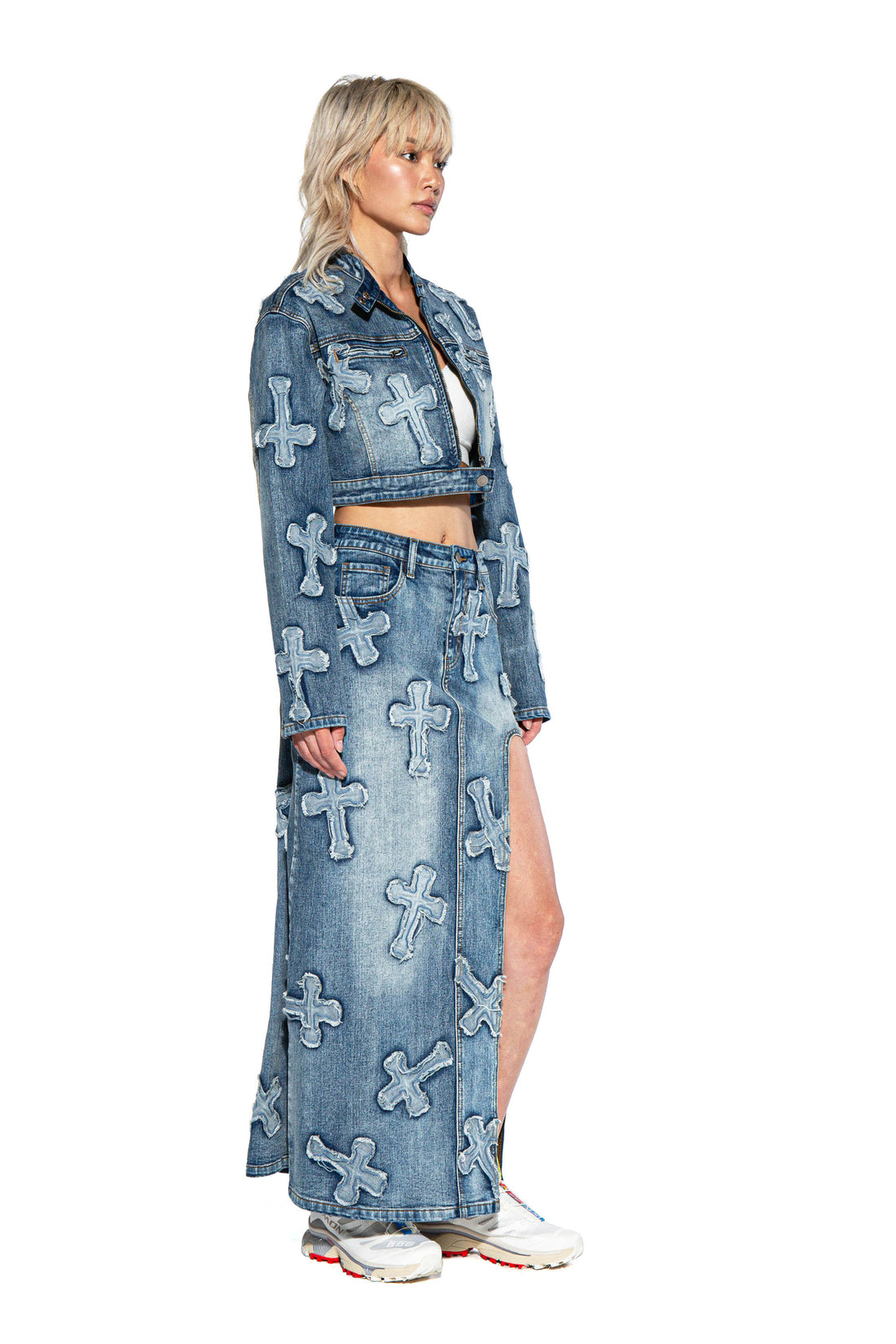 Cross Patch Denim Maxi Skirt