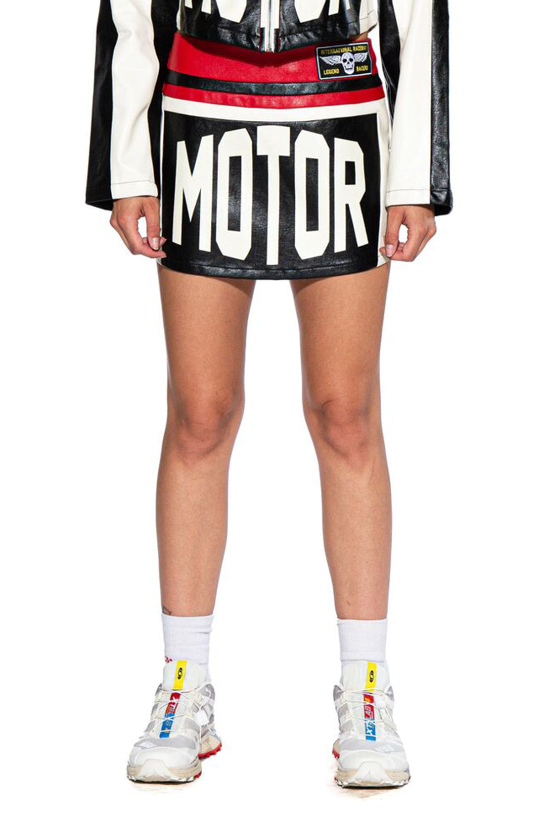 MOTOR LETTER FAUX LEATHER MINI SKIRT