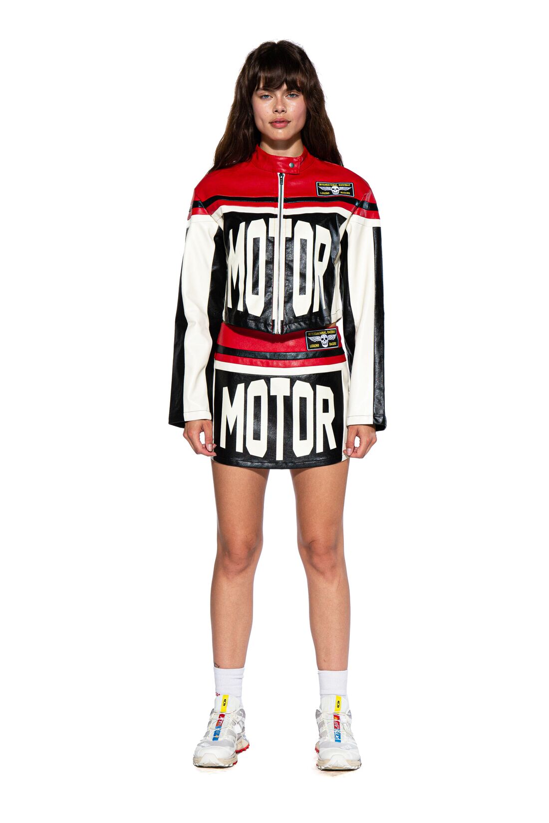 MOTOR LETTER FAUX LEATHER MINI SKIRT