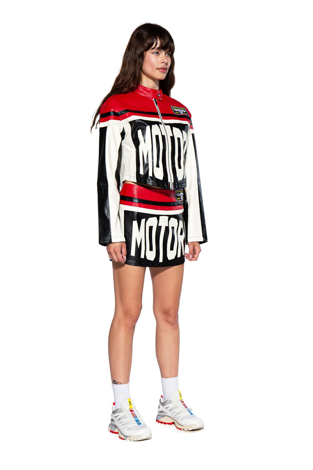 MOTOR LETTER FAUX LEATHER MINI SKIRT