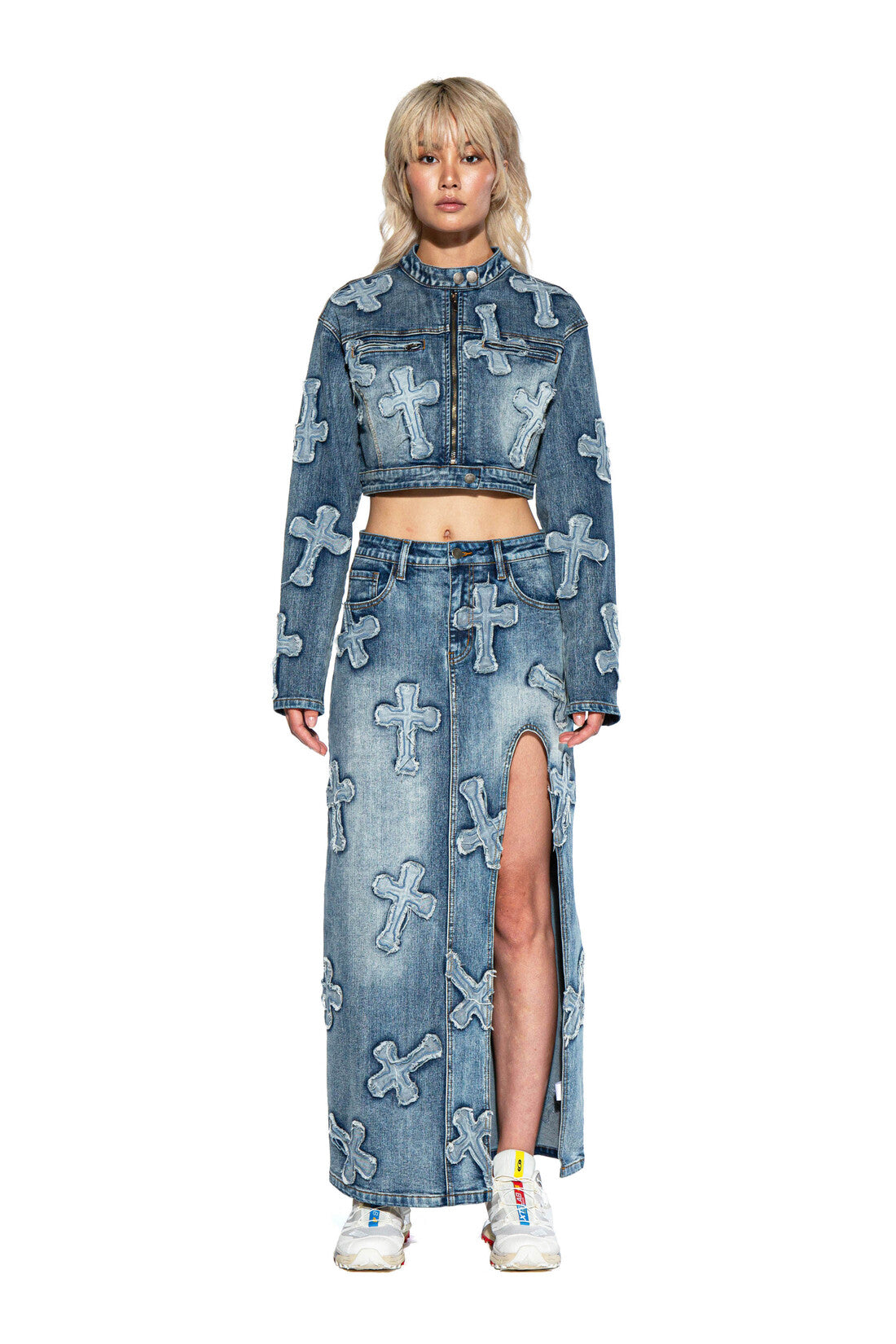 Cross Patch Denim Maxi Skirt