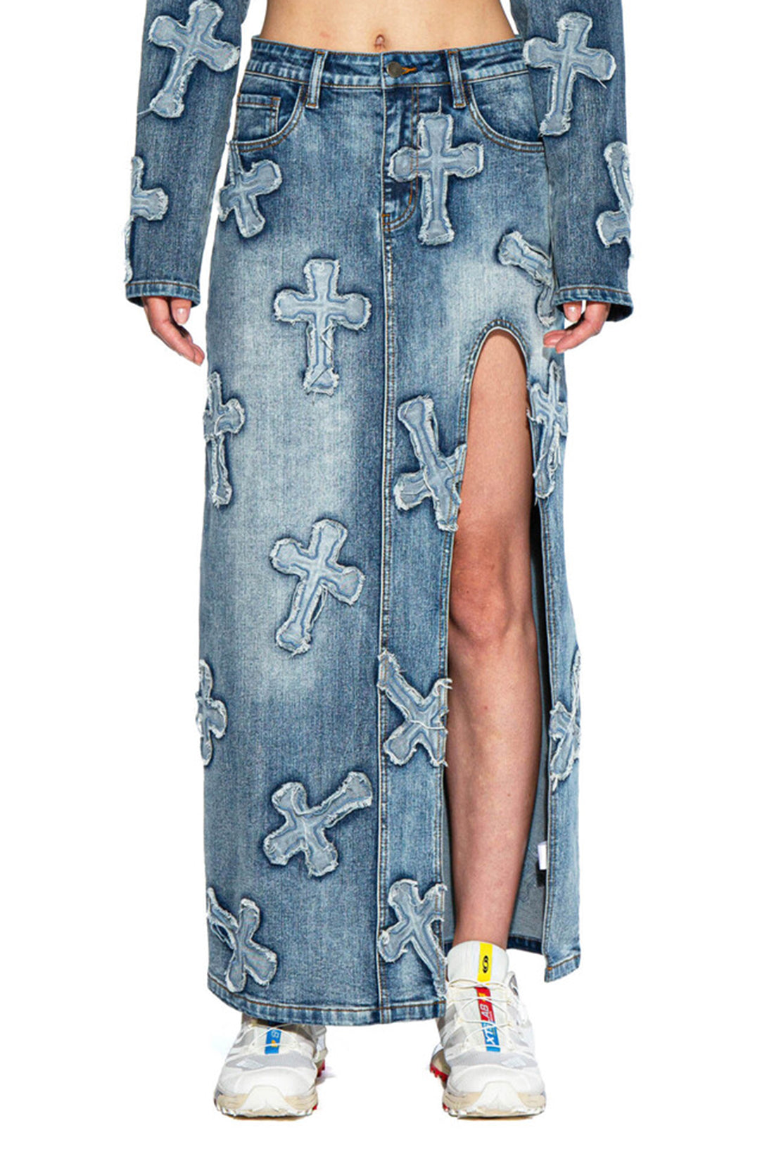 Cross Patch Denim Maxi Skirt