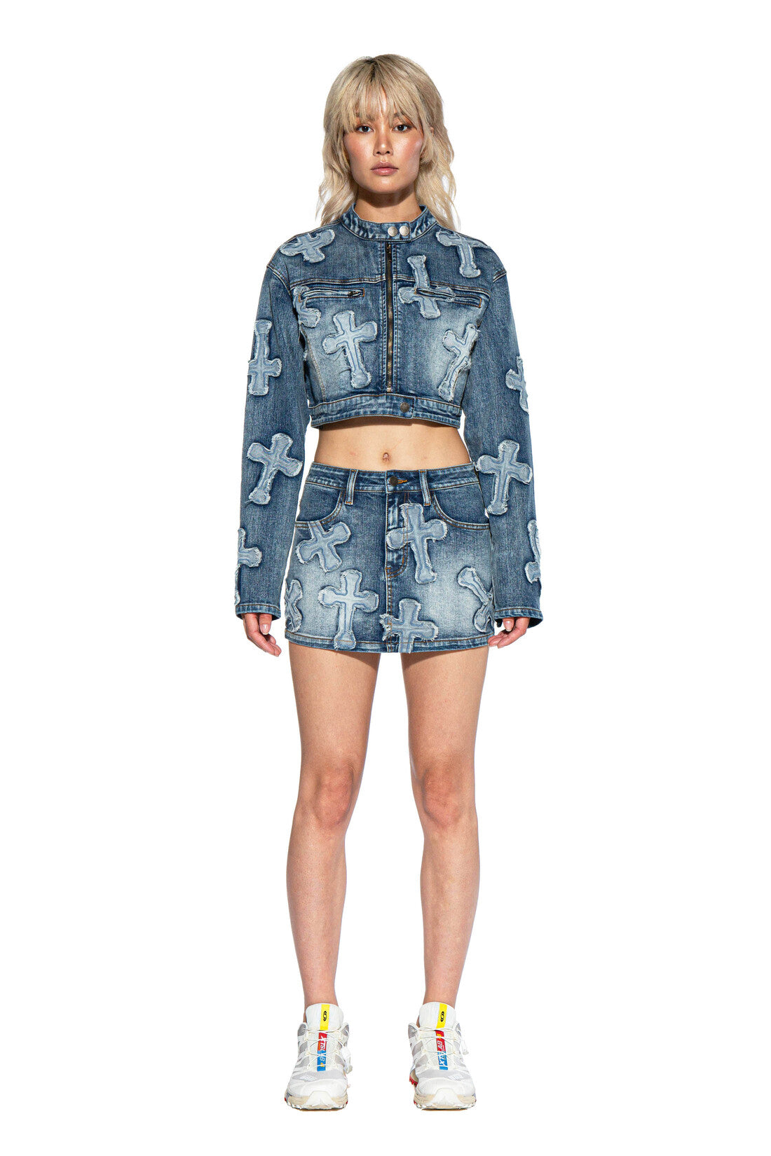 CROSS PATCH DENIM MOTO JACKET