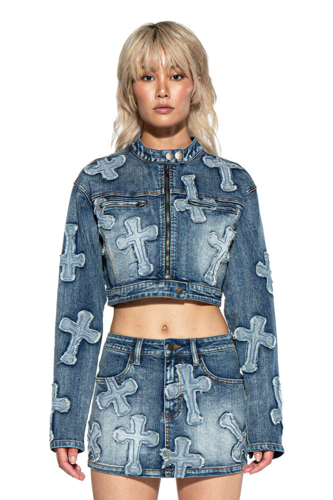 CROSS PATCH DENIM MOTO JACKET