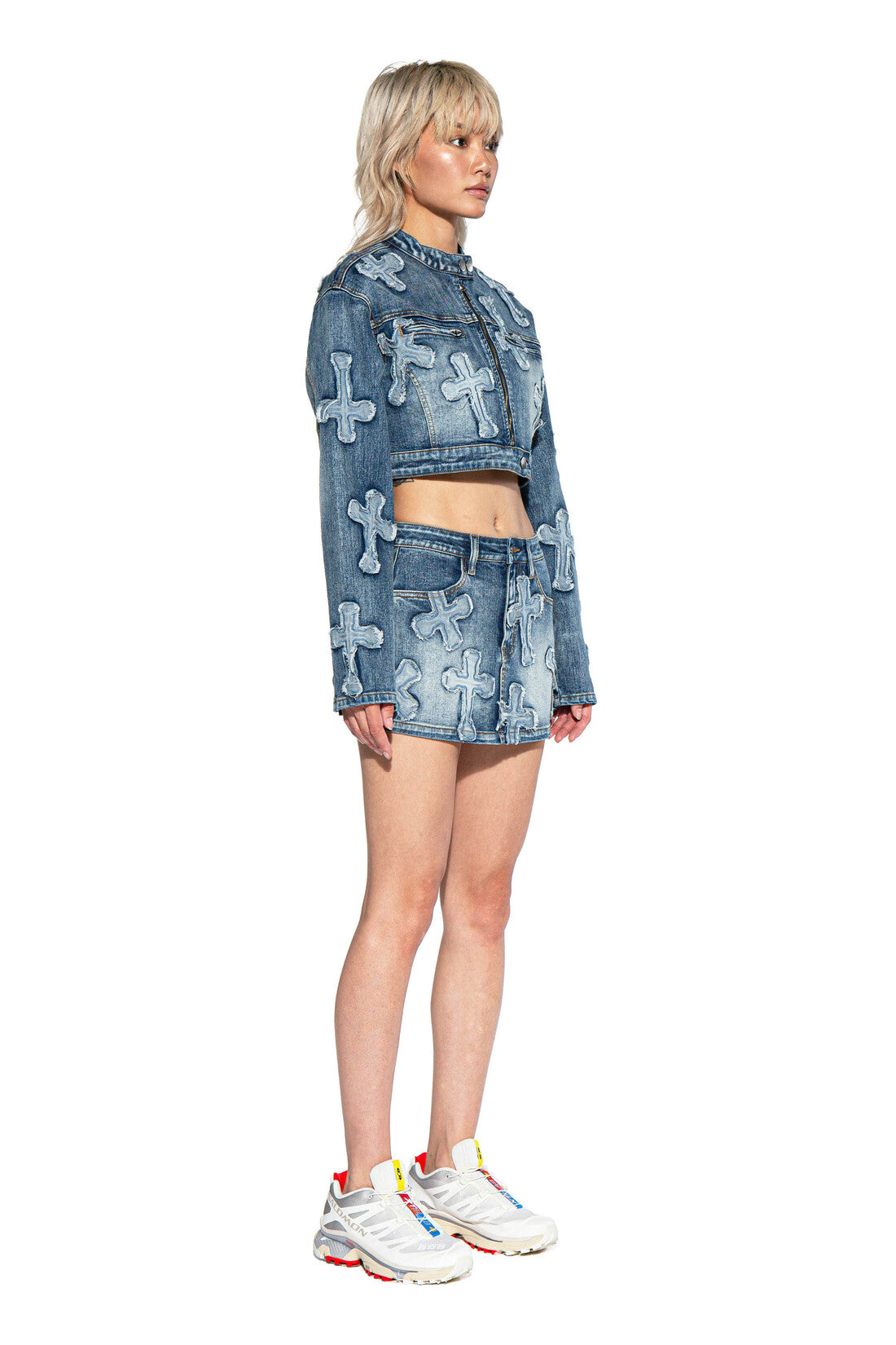 CROSS PATCH DENIM MOTO JACKET
