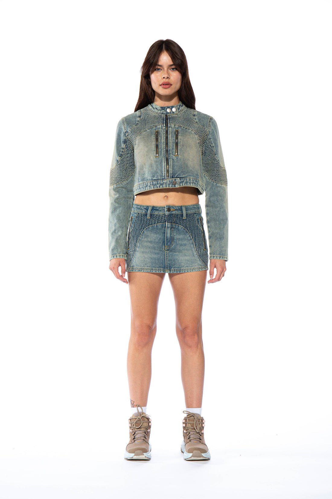 Ripple Vintage Washed Denim Moto Mini Skirt