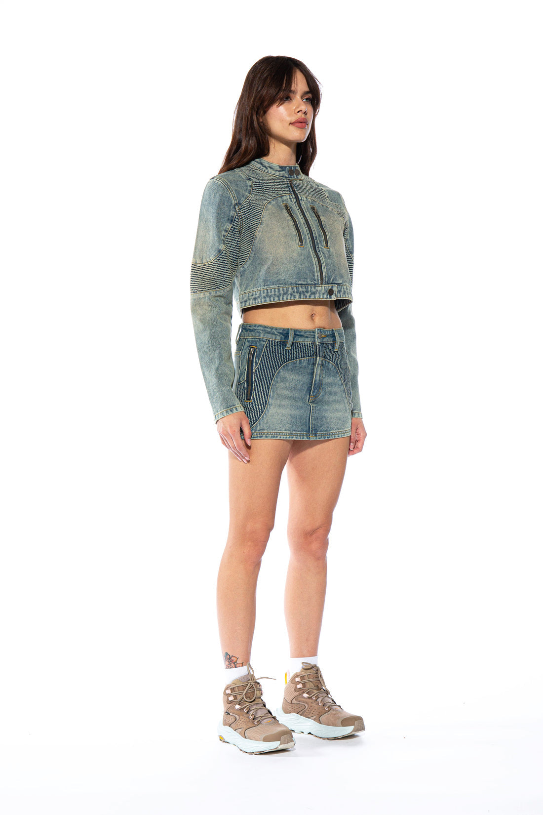 Ripple Vintage Washed Denim Moto Mini Skirt