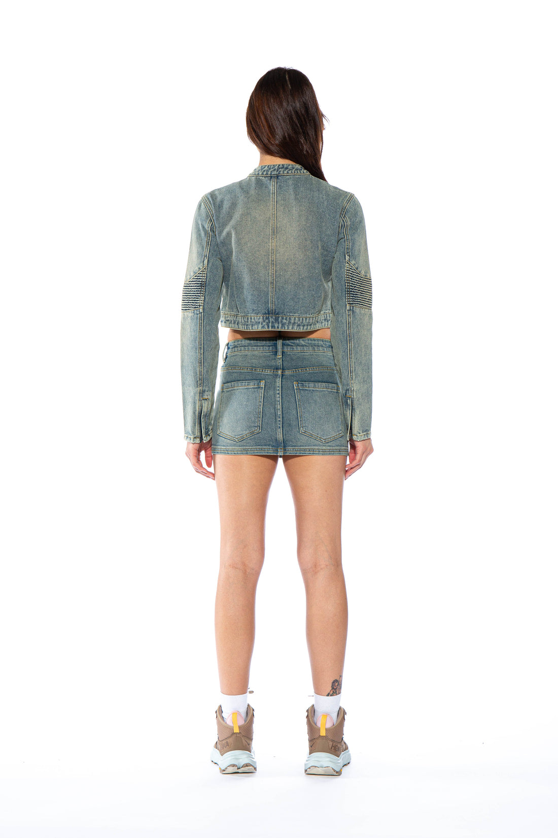 Ripple Vintage Washed Denim Moto Mini Skirt