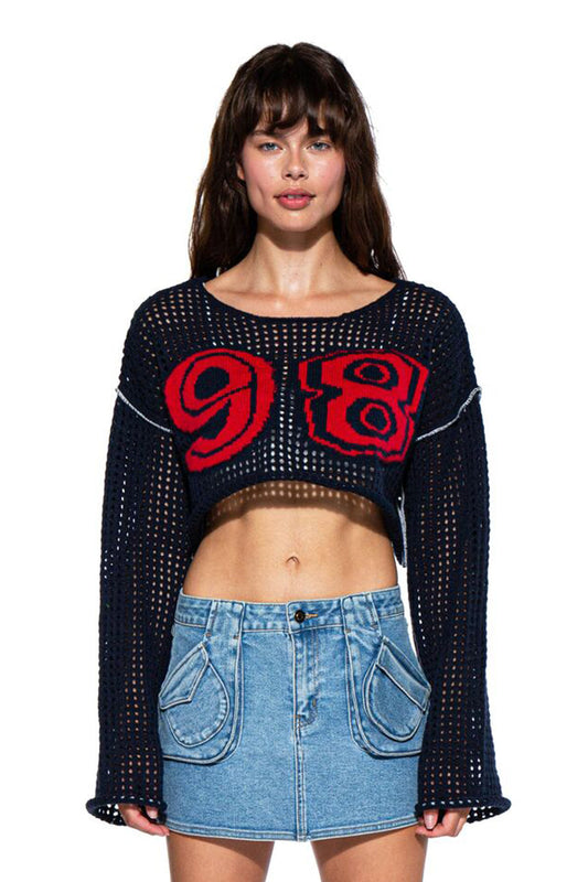 VARSITY CROCHET KNIT CROP TOP