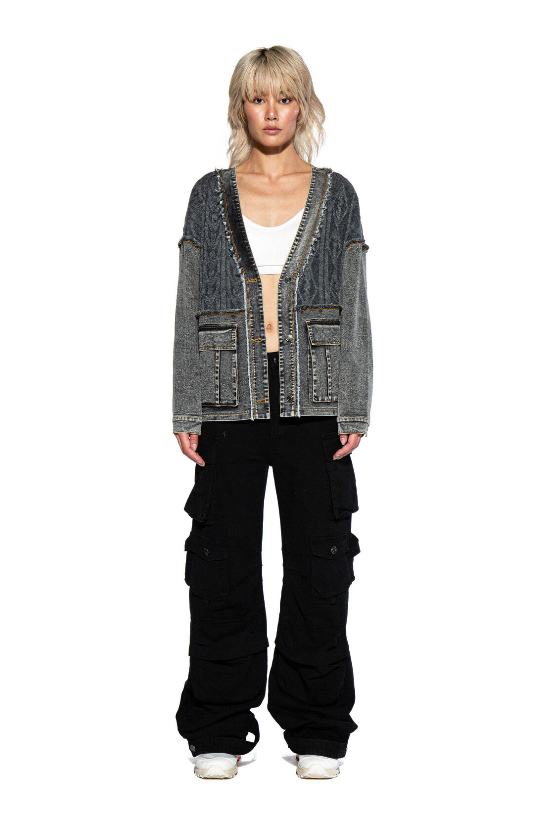 DENIM SWEATER COMBINATION CARDIGAN