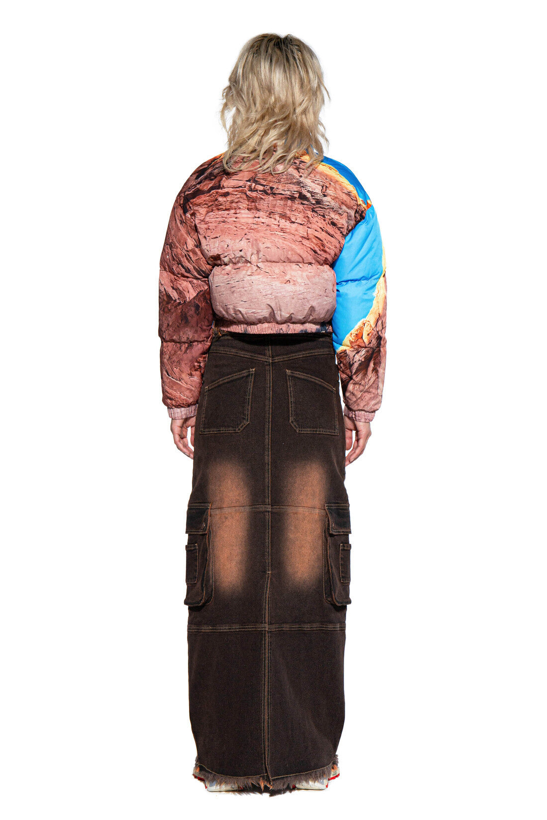 Color Tinted Cargo Denim Maxi Skirt