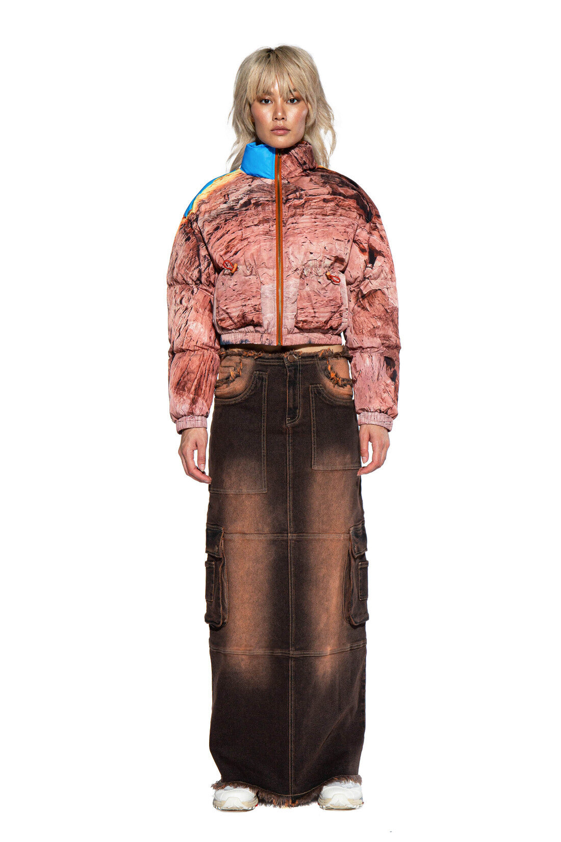 Color Tinted Cargo Denim Maxi Skirt