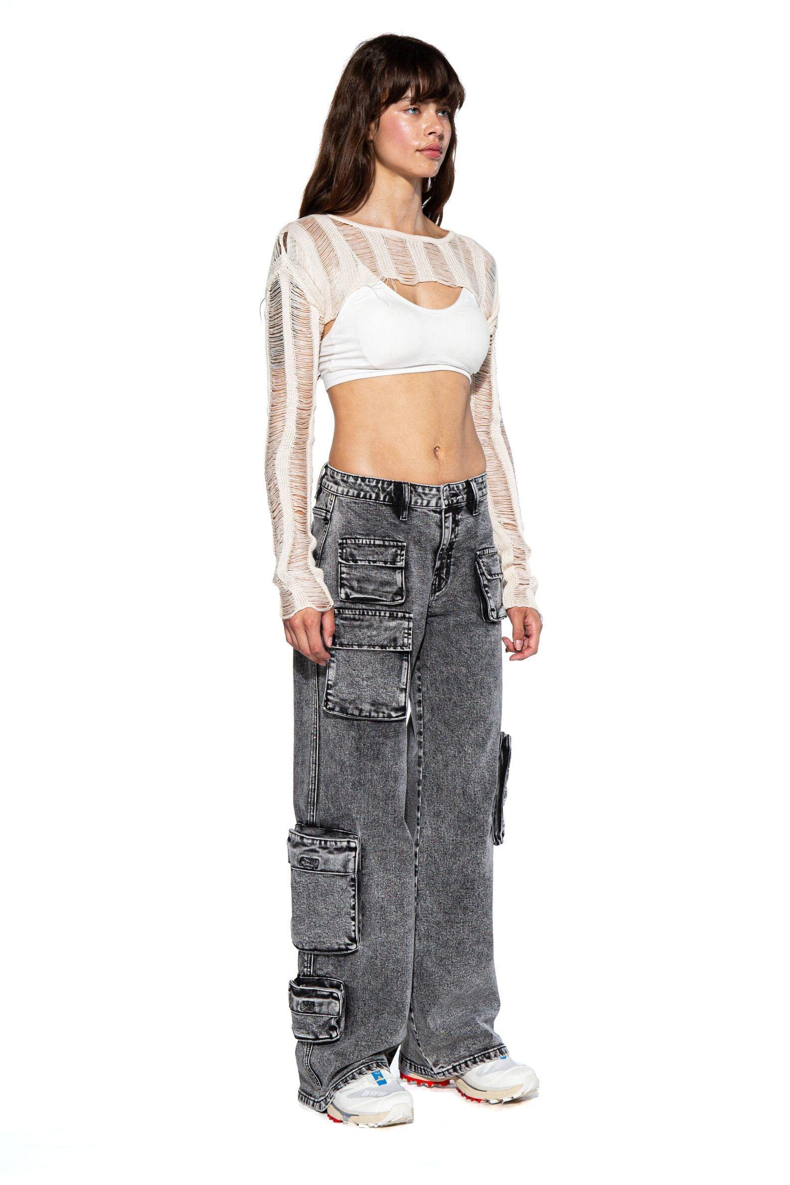 Acid Washed Denim Cargo Pants - Afterhour
